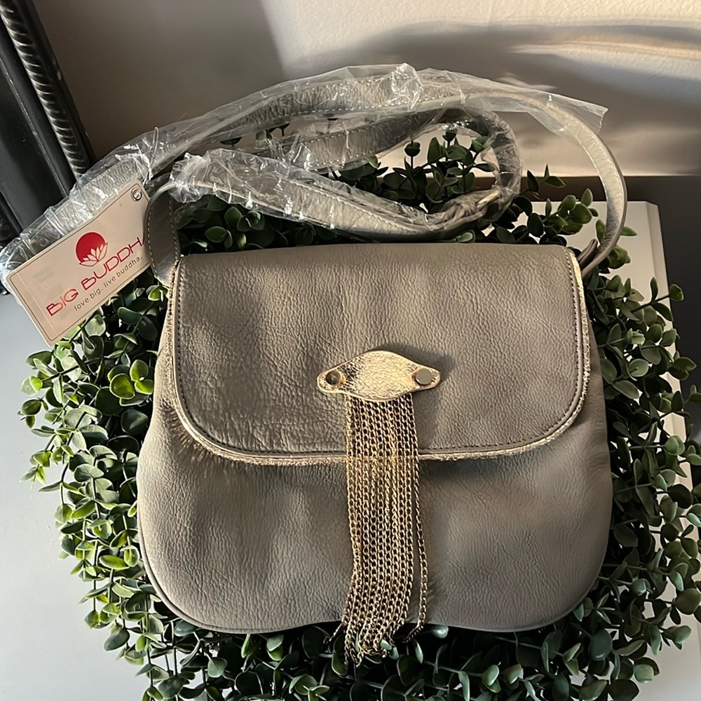 Big Buddha Crossbody, gray vegan leather with gold fringe detail